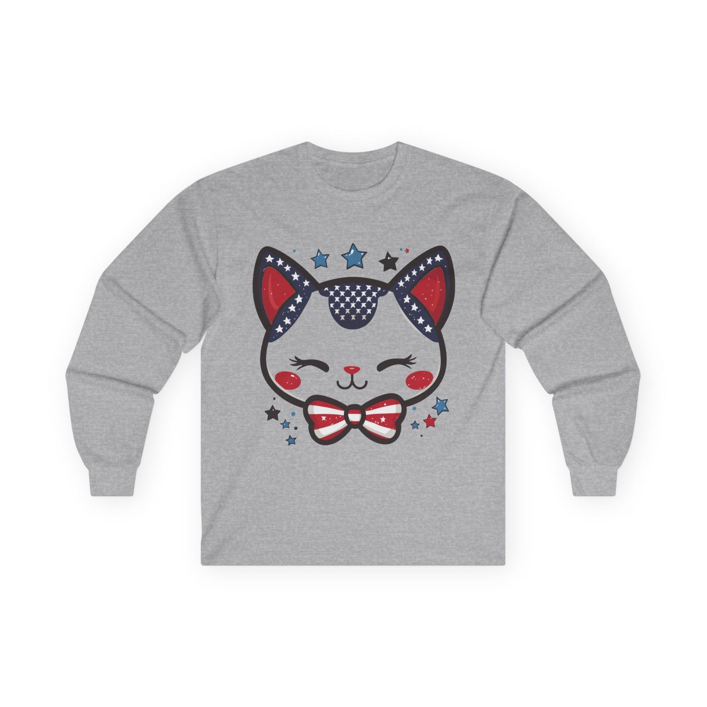 Cute Patriotic Cat Long Sleeve Tee, Unisex Cotton Shirt, Cat Lover Gift, 4th of July Tee, Fun Casual Wear, Holiday Apparel