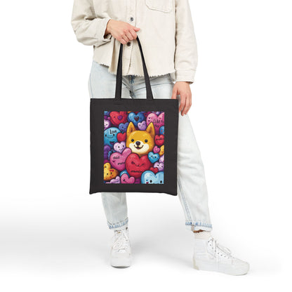Cute Shiba Inu Heart Tote Bag, Kawaii Dog Meme Canvas Bag, Colorful Cartoon Love Shopper Gift for Dog Lovers & Valentine's Day