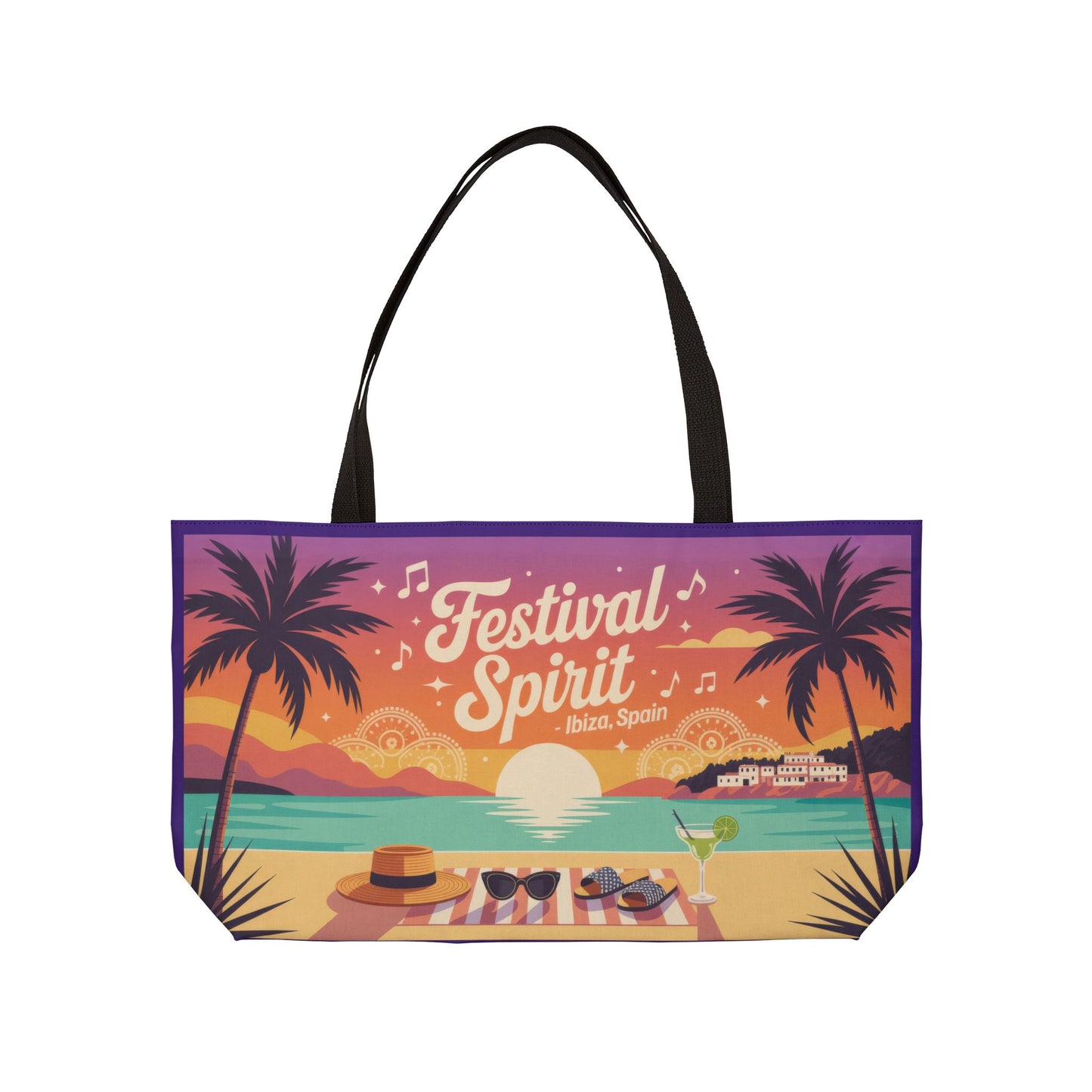 Festival Spirit Weekender Tote Bag, Beach Bag, Travel Tote, Summer Getaway, Vacation Essentials, Ibiza, Spain themed beach bag