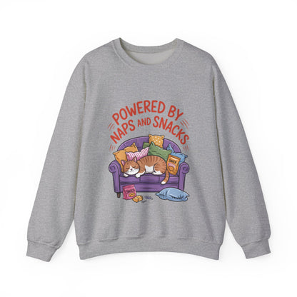 Powered by Naps and Snacks Sweatshirt, Cozy Lounge Crewneck, Gifts for Cat Lovers, Funny Cat Sweatshirt, Casual Everyday Wear