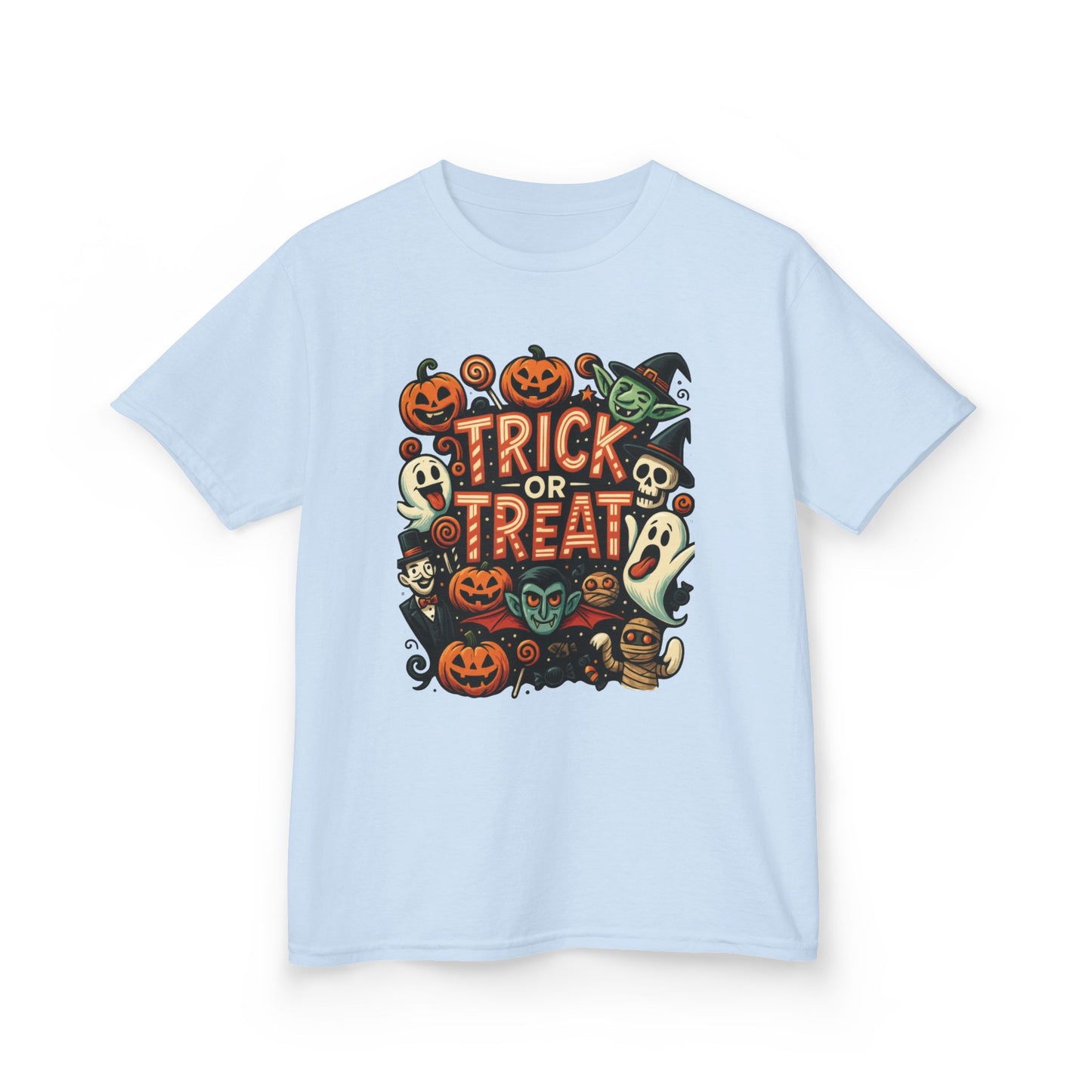 Kids Trick or Treat T-Shirt, Halloween Graphic Tee with Pumpkins, Ghosts & Vampires, Fun Spooky Shirt for Children