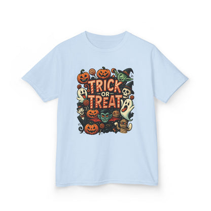 Kids Trick or Treat T-Shirt, Halloween Graphic Tee with Pumpkins, Ghosts & Vampires, Fun Spooky Shirt for Children