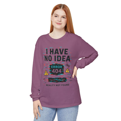 Unisex Long Sleeve T-Shirt, Funny Error 404 Graphic Tee, Internet Humor, Geeky Apparel, Quirky Humor Shirt, Gift for Tech Lovers