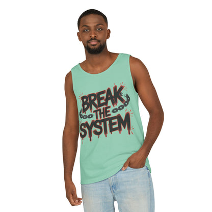 Men's Garment-Dyed Tank Top, Break the System Tank Top, Graphic Protest Muscle Tee, Streetwear Activist Summer Top