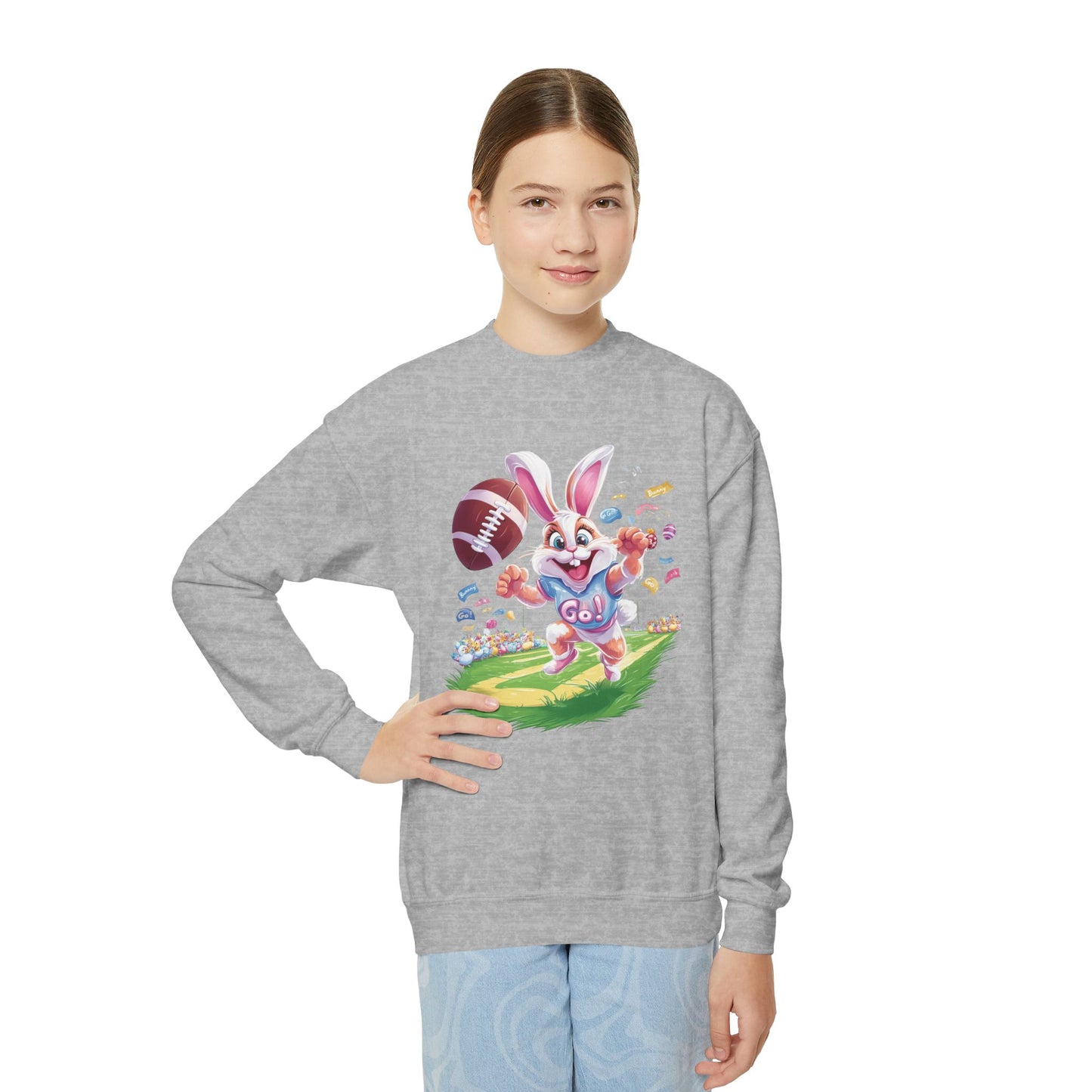 Touchdown Bunny Youth Sweatshirt - Fun Easter Football Bunny Design, Kids Spring Outfit, Game Day Gift, Playful Bunny Sports Shirt