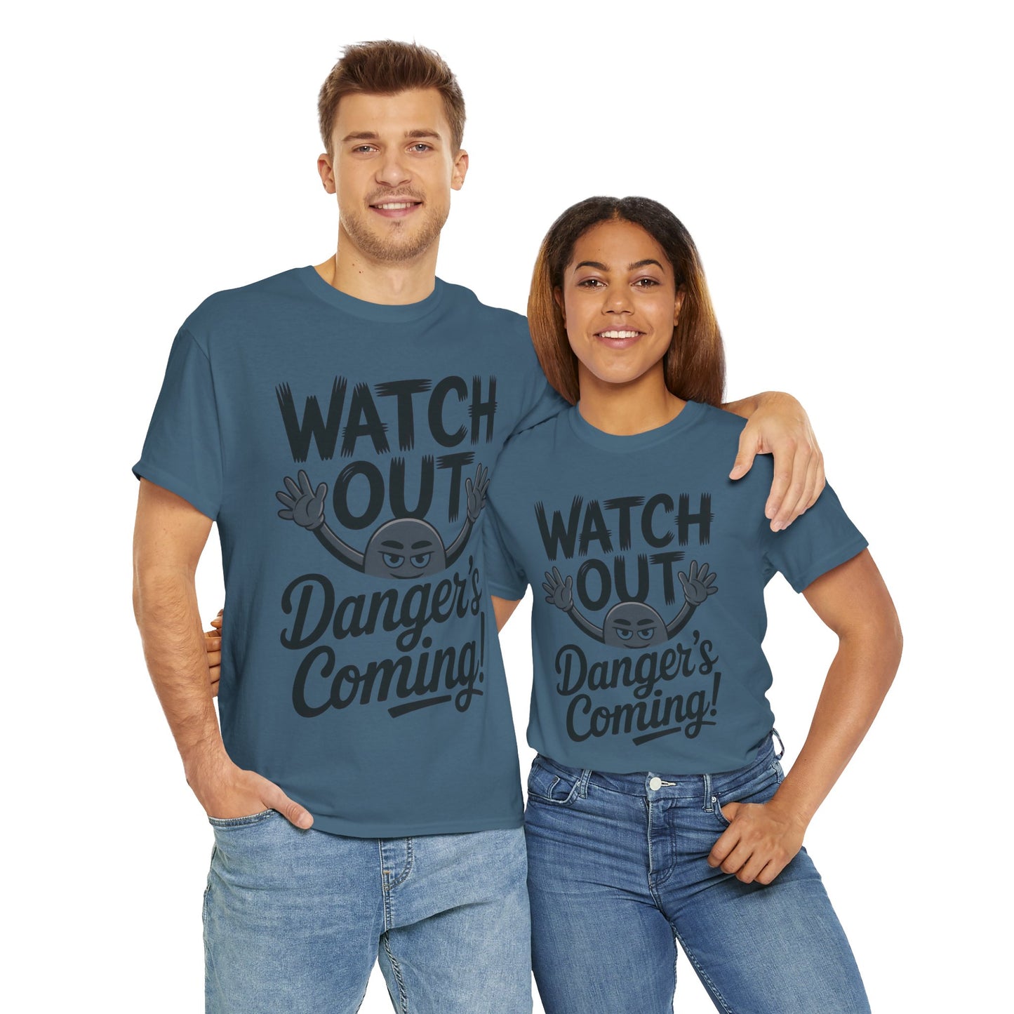 Funny "Watch Out" Cartoon Character T-Shirt, Sketch Style Unisex Heavy Cotton Tee, Minimalist Humorous Graphic Tee, Gift for Him/Her