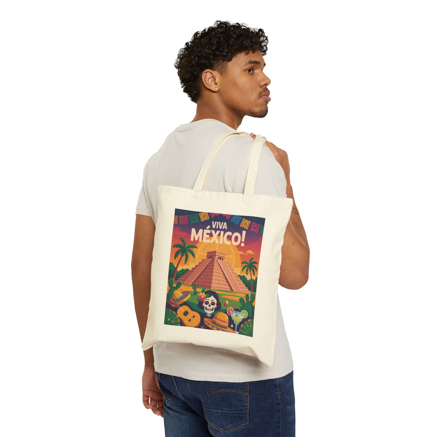 Viva Mexico Cotton Canvas Tote Bag, Eco-Friendly Grocery Bag, Bohemian Beach Bag, Travel Tote, Day of the Dead Gift
