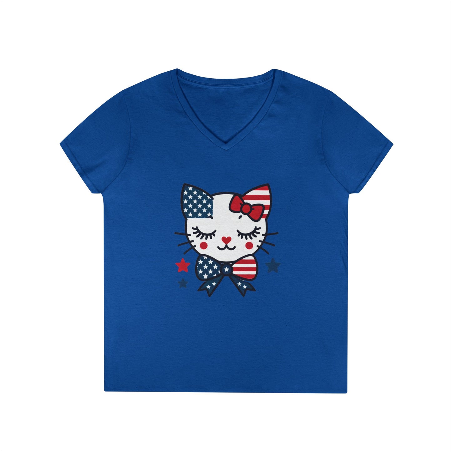 Patriotic Cat Ladies' V-Neck T-Shirt, Cute Tee, July 4th Top, Independence Day Shirt, Gift for Cat Lovers, Casual Summer Wear