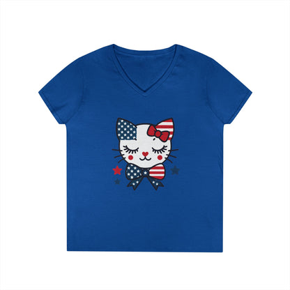 Patriotic Cat Ladies' V-Neck T-Shirt, Cute Tee, July 4th Top, Independence Day Shirt, Gift for Cat Lovers, Casual Summer Wear