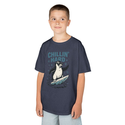 Kids Heavy Cotton™ Tee, Kids Chillin Hard Penguin T-Shirt, Funny Cool Animal Graphic Tee for Children