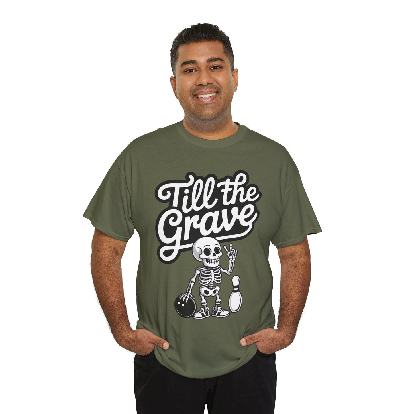 Skeleton Bowling Graphic Tee, Mens Heavy Cotton Tee, Funny Halloween Shirt, Gift for Bowlers, Retro Style Apparel, Casual Wear