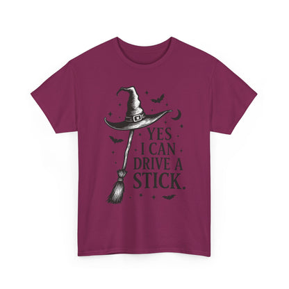 Yes I Can Drive a Stick Witch Hat Broom Halloween Women's T-Shirt, Funny Spooky Graphic Tee, Witch Shirt,