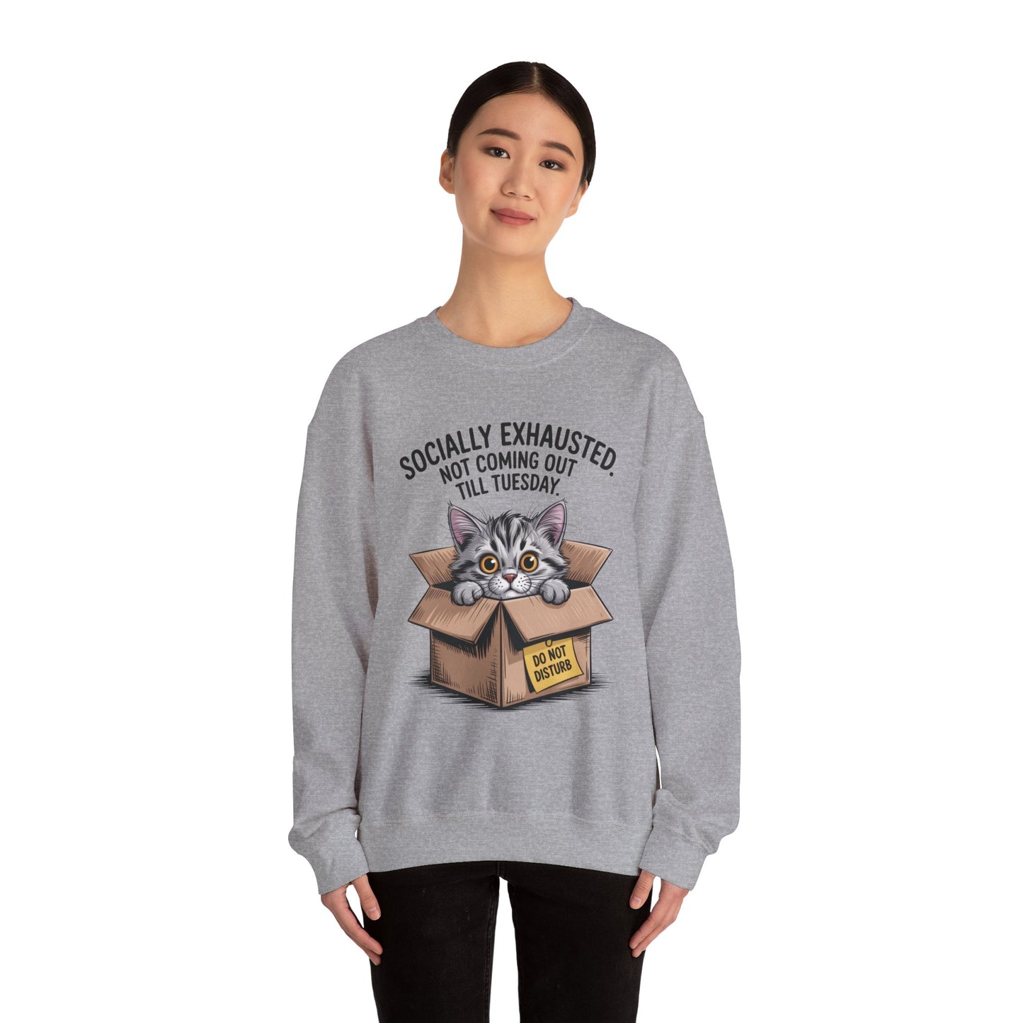 Socially Exhausted Cat Sweatshirt, Funny Cat Crewneck, Gift for Cat Lovers, Cozy Unisex Pullover, Weekend Comfort Apparel