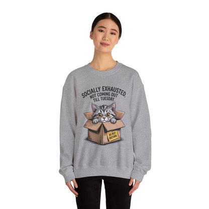Socially Exhausted Cat Sweatshirt, Funny Cat Crewneck, Gift for Cat Lovers, Cozy Unisex Pullover, Weekend Comfort Apparel