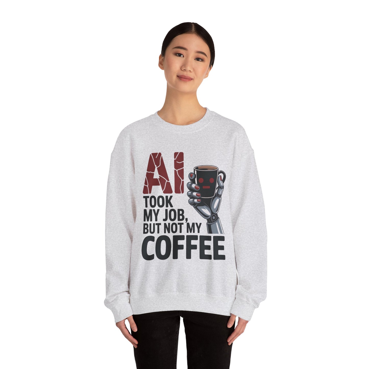 AI Coffee Sweatshirt, Funny Robot Humor Pullover, Geek Sarcastic Job Joke Top, Women's Heavy Blend™ Crewneck Sweatshirt