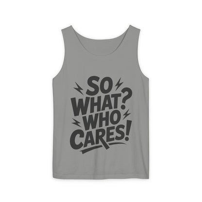 Mens Tank Top, "So What? Who Cares!", Casual Summer Wear, Beach Trip, Festival Outfit, Lightning Print, Sarcastic Summer Tee, Gym Tank