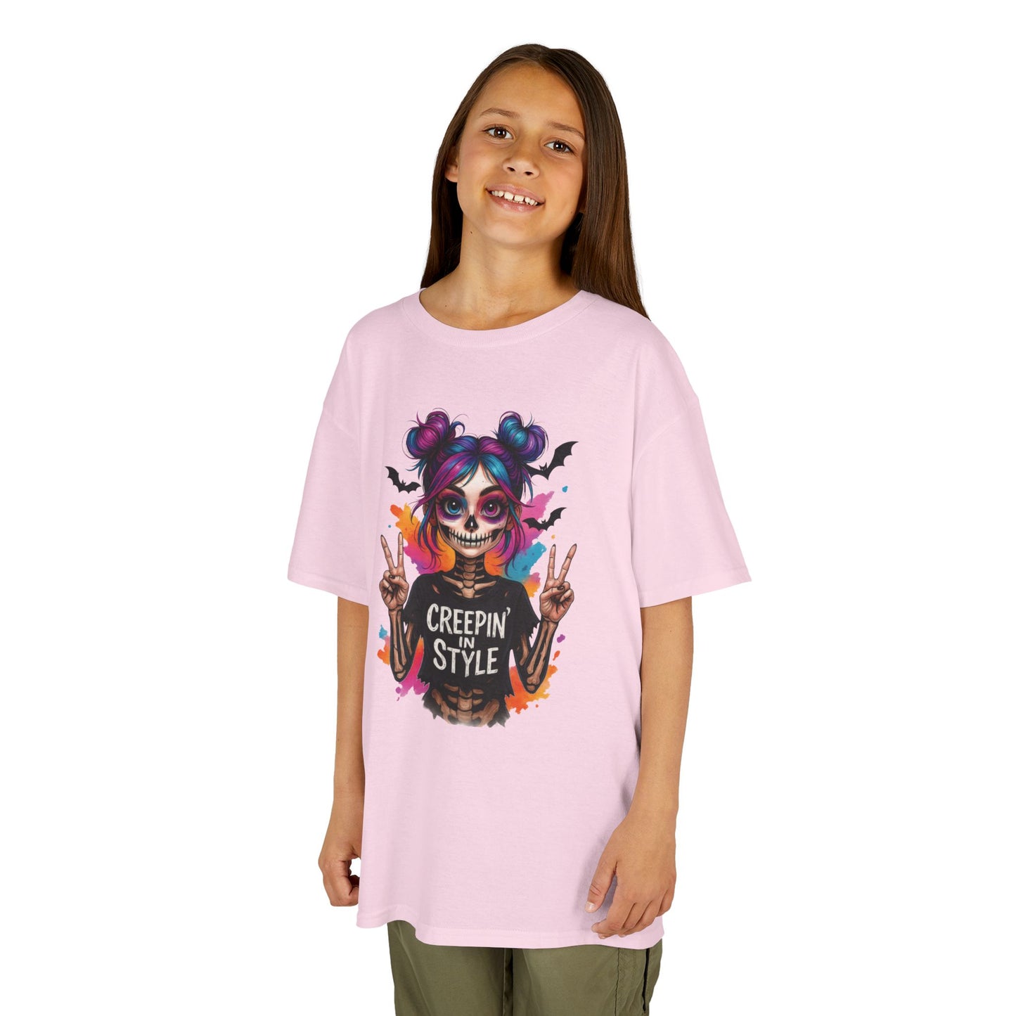 Creepin' in Style Kids Halloween T-Shirt, Colorful Skeleton Girl Design, Cute Spooky Shirt for Trendy Girls