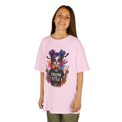 Creepin' in Style Kids Halloween T-Shirt, Colorful Skeleton Girl Design, Cute Spooky Shirt for Trendy Girls