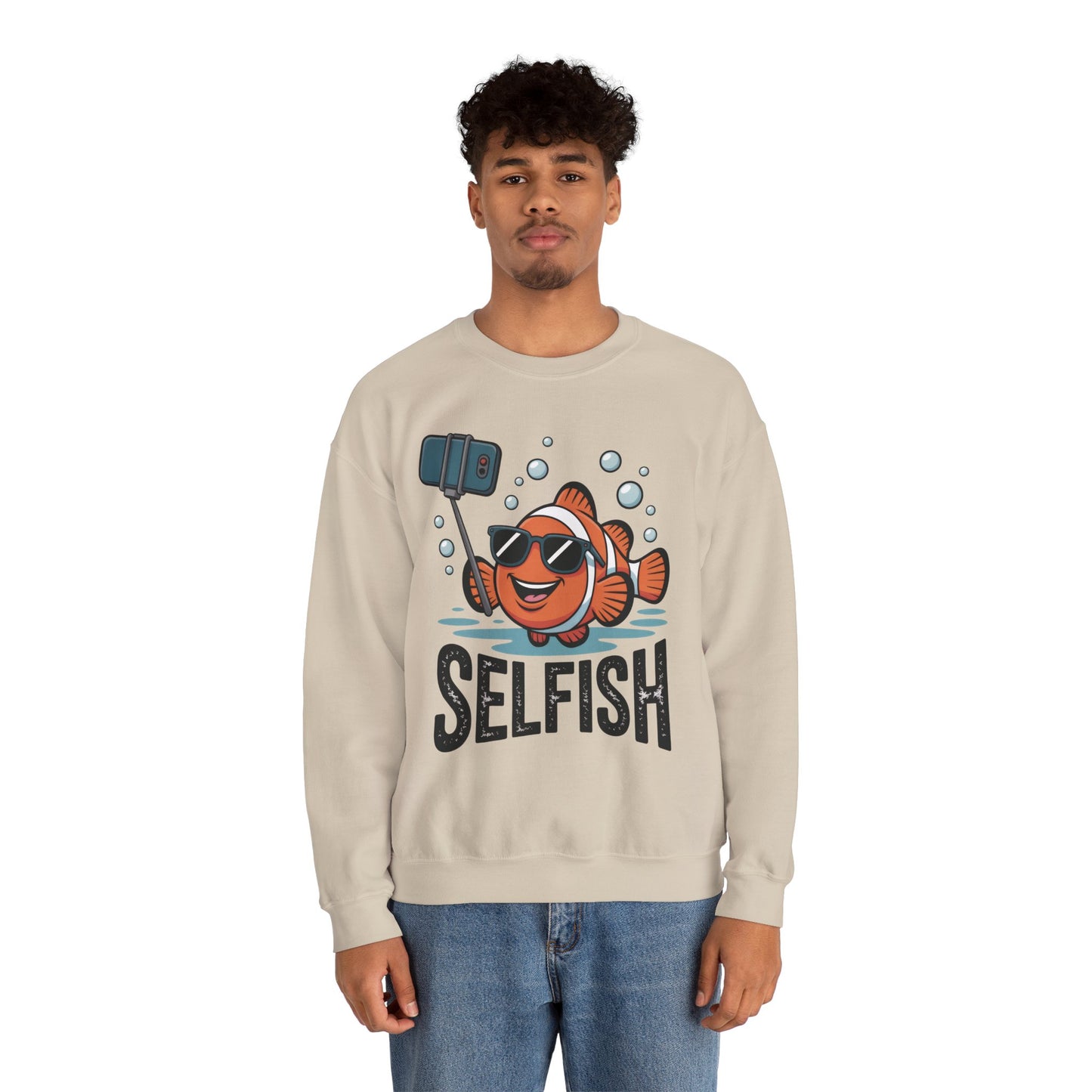 Unisex Heavy Blend™ Crewneck Sweatshirt, Mens Selfish Funny Fish Sweatshirt, Cute Selfie Pullover, Ocean Humor Top