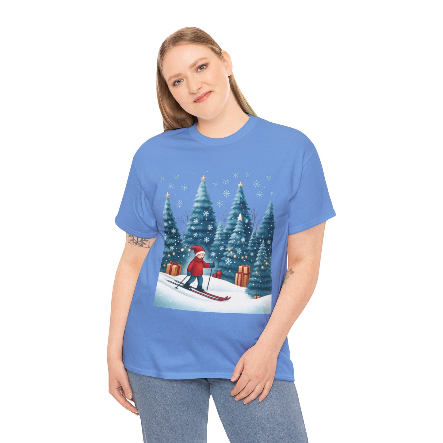 Womens Cute Winter Holiday Graphic Tee, Christmas Skiing T-Shirt, Women's Heavy Cotton Tee