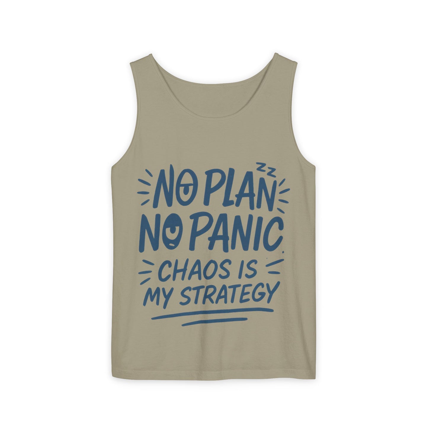 Funny Chaos Quote Mens Tank Top, No Plan No Panic Humor Shirt, Casual Graphic Tee Gift for Him, Relaxed Fit, Workout Gym Humor Shirt