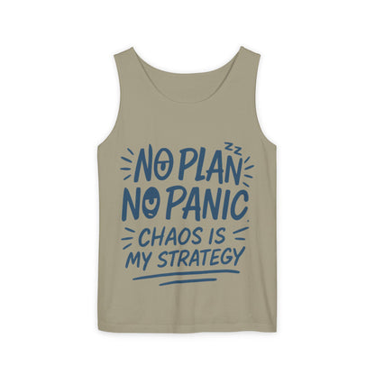 Funny Chaos Quote Mens Tank Top, No Plan No Panic Humor Shirt, Casual Graphic Tee Gift for Him, Relaxed Fit, Workout Gym Humor Shirt