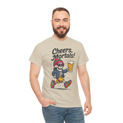 Cheers, Mortals! Mens Tee, Funny Skeleton Beer Graphic Tee, Cool Drinking Humor Shirt, Party Gift for Him, Halloween Tee,  Beer Lovers Gift