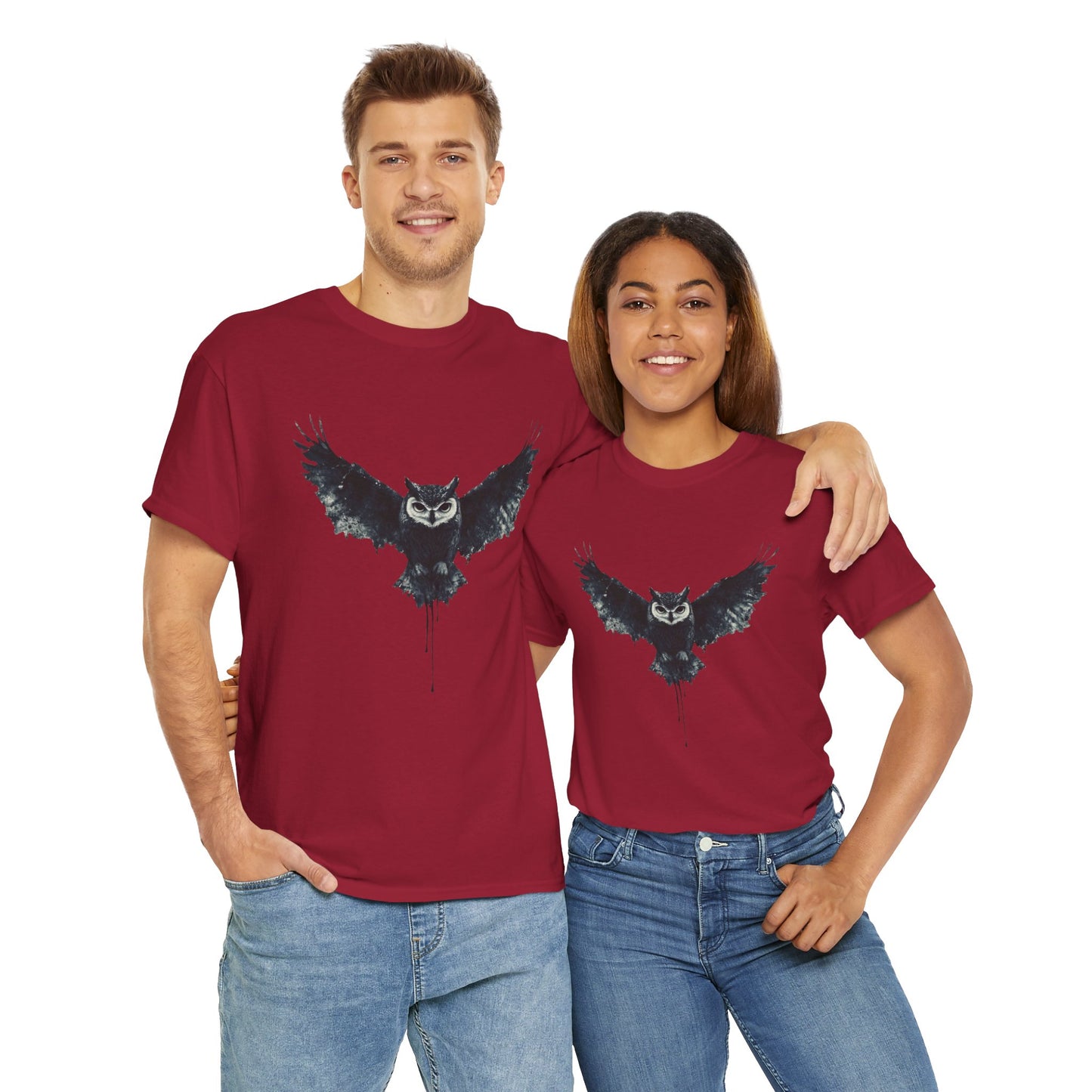 Cool Owl Graphic Unisex Heavy Cotton Tee, Flying Owl Ink Art T-Shirt, Nature Lover Gift, Animal Print Tee, Gothic Bird Graphic Tee