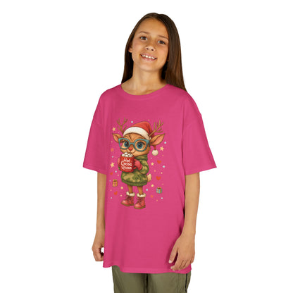 Hot Cocoa Queen Christmas T-Shirt for Girls, Cute Holiday Reindeer Tee