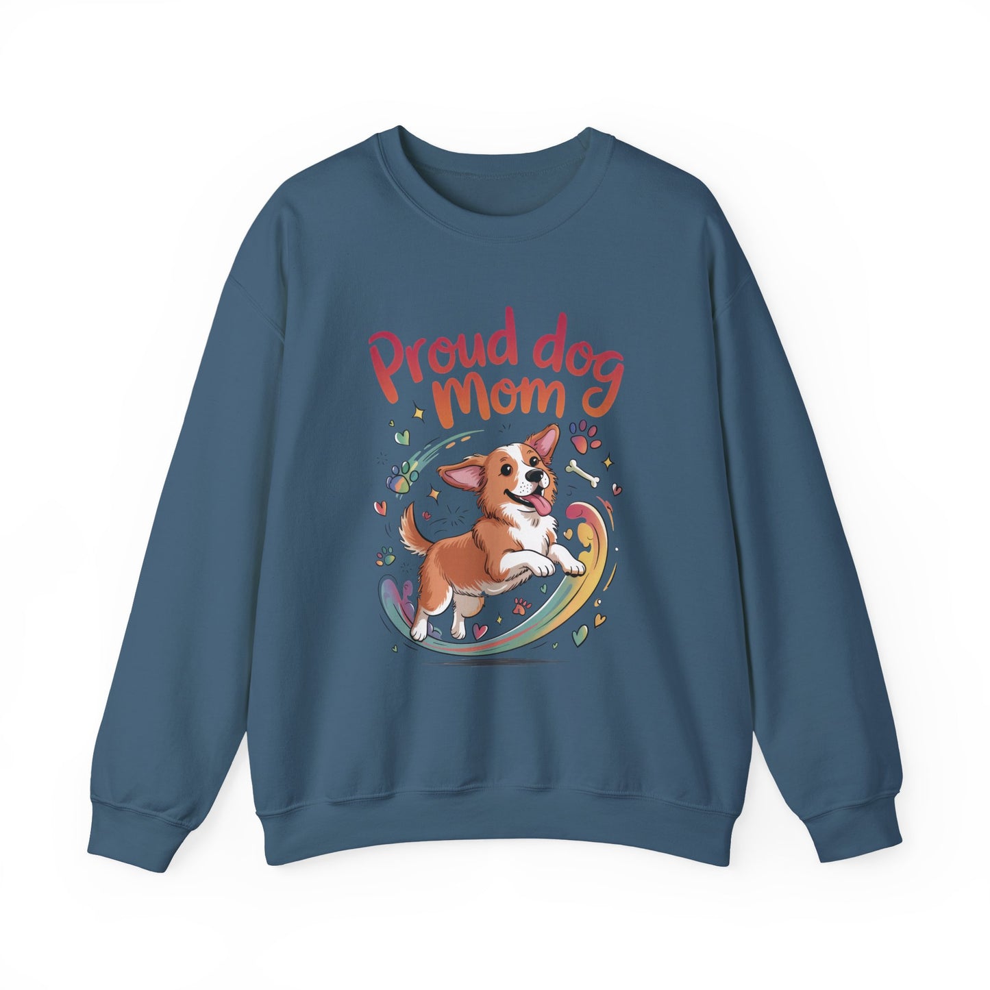 Proud Dog Mom Crewneck Sweatshirt, Pet Lover Gift, Dog Mom Apparel, Animal Lover Clothing, Gift for Dog Moms, Puppy Paw Rainbow Print