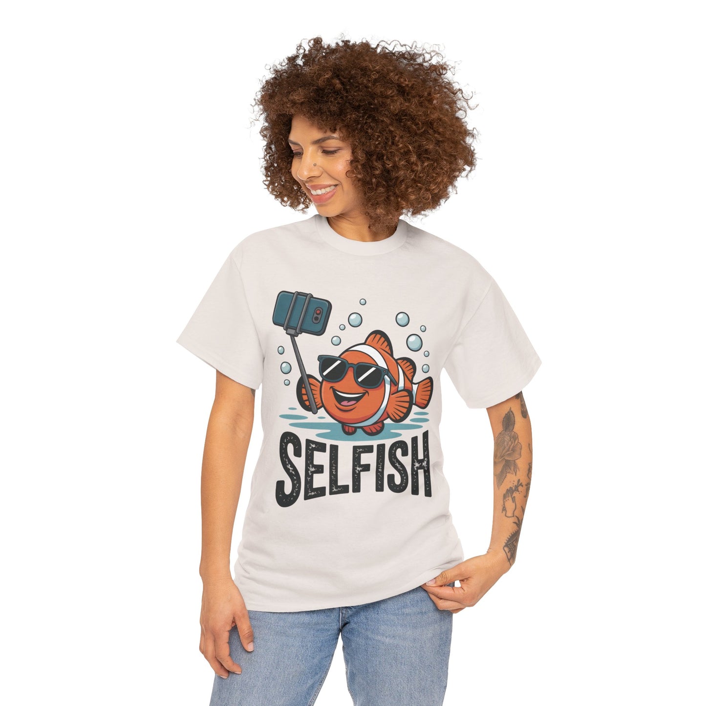 Unisex Heavy Cotton Tee, Mens Selfish Funny Fish T-Shirt, Cute Selfie Graphic Tee, Ocean Humor Shirt
