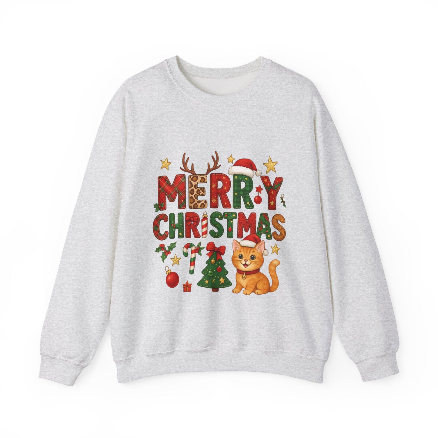 Women's Merry Christmas Cat Sweatshirt, Cozy Holiday Cat Lover Pullover, Women's Heavy Blend™ Crewneck Sweatshirt
