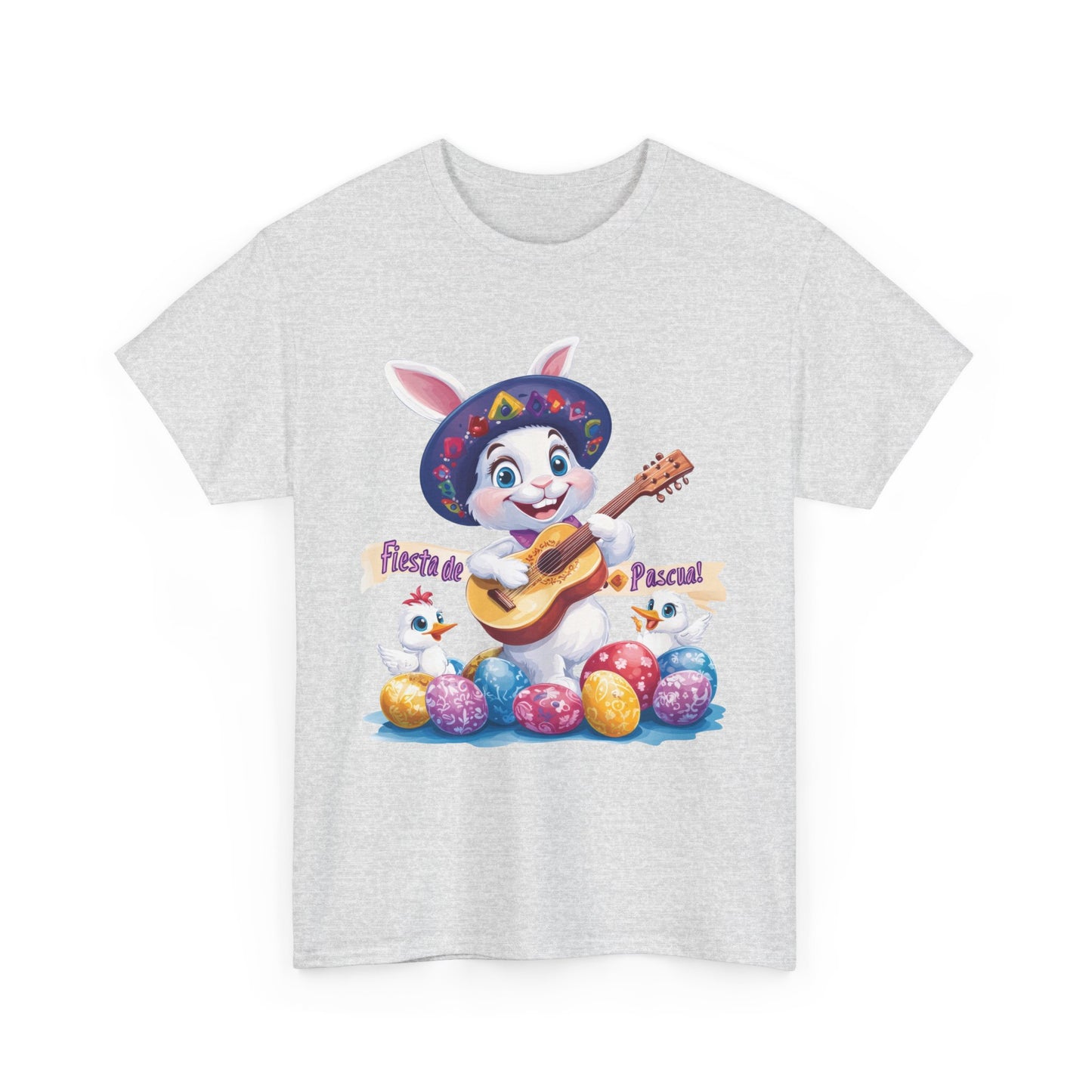 Fiesta de Pascua Bunny Shirt, Funny Easter Rabbit Playing Guitar Tee, Colorful Unisex Heavy Cotton T-Shirt, Cute Holiday Celebration Gift