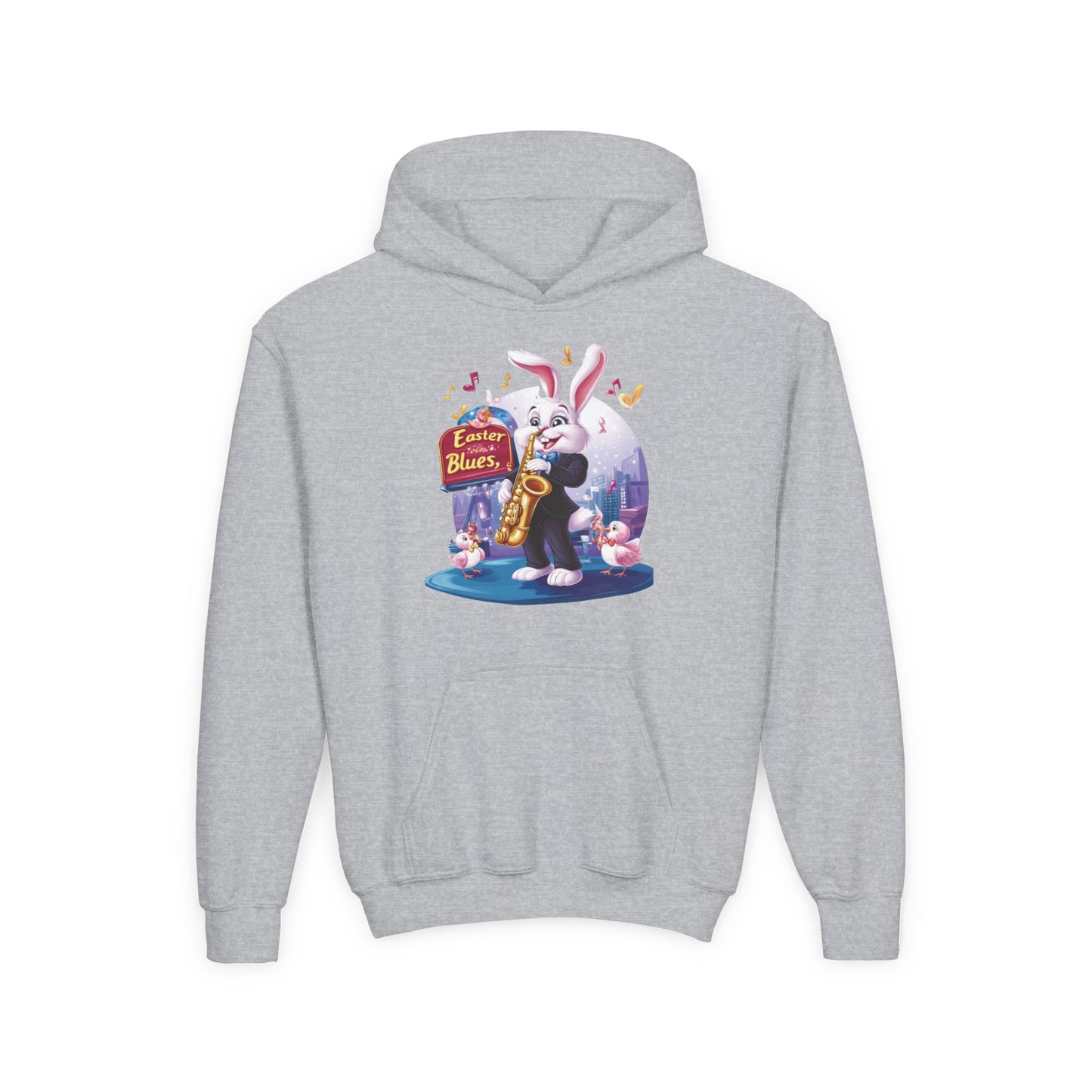 Easter Blues Youth Hoodie, Cute Bunny Sweatshirt, Spring Festival Apparel, Kid's Gift, Music Celebration, Easter Outfit