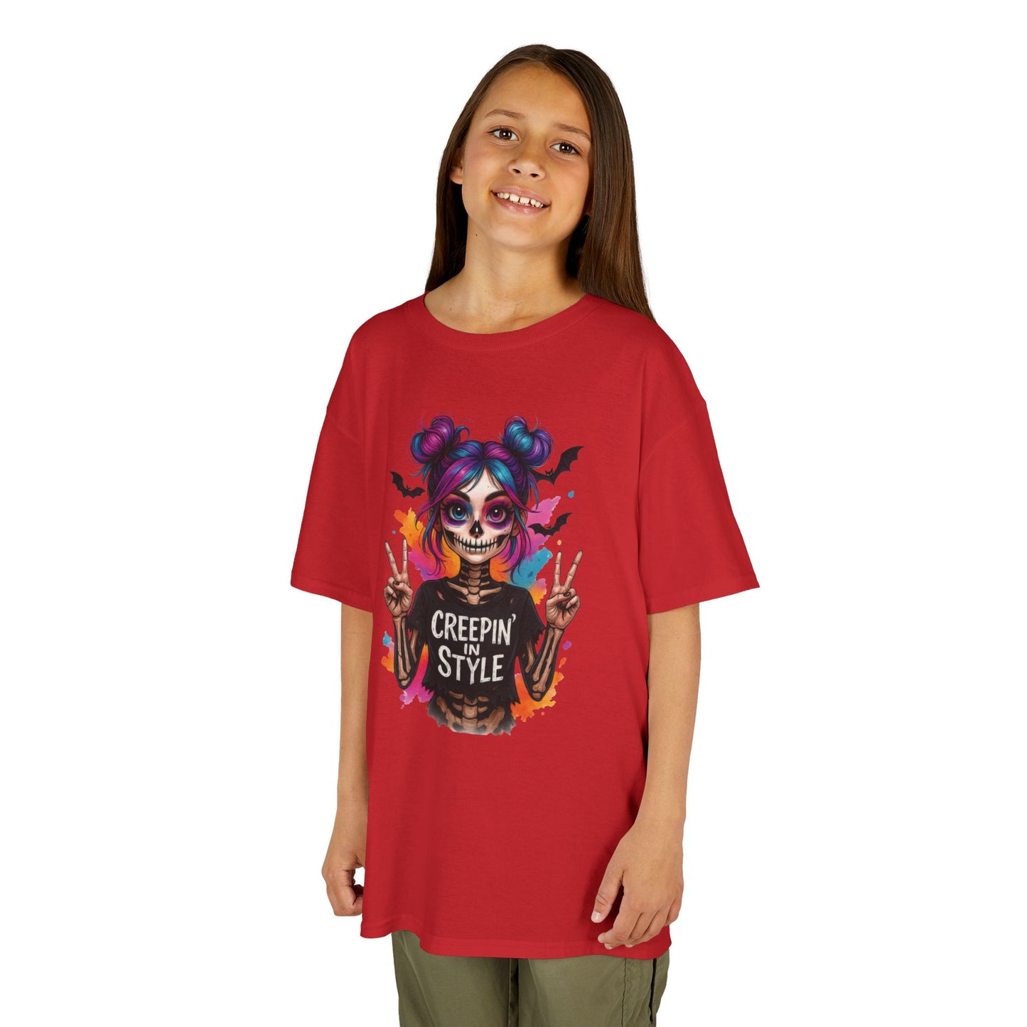 Creepin' in Style Kids Halloween T-Shirt, Colorful Skeleton Girl Design, Cute Spooky Shirt for Trendy Girls