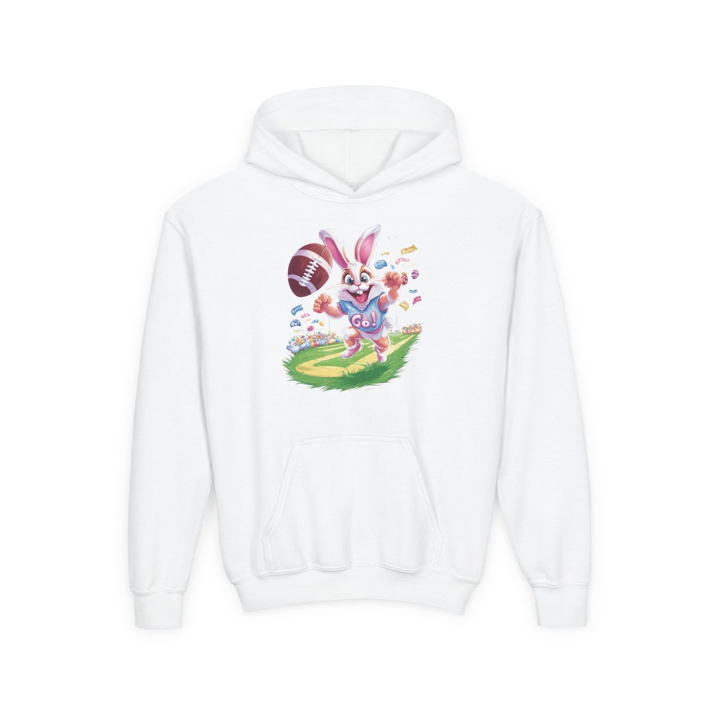 Touchdown Bunny Hoodie for Kids - Fun Easter Football Design - Youth Heavy Blend Sweatshirt - Spring Gift for Sporty Bunny Fans
