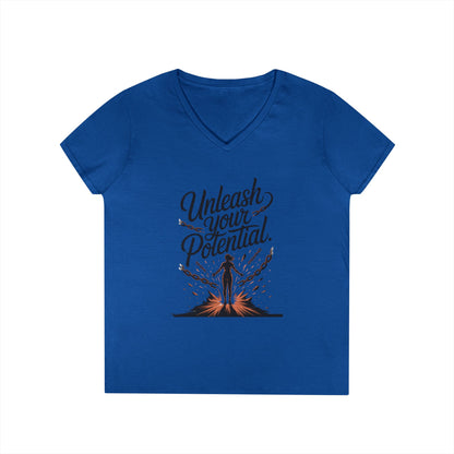 Empowering Ladies' V-Neck T-Shirt | Unleash Your Potential | Gift for Motivation, Birthday, Inspirational Wear, Positive Energy Top