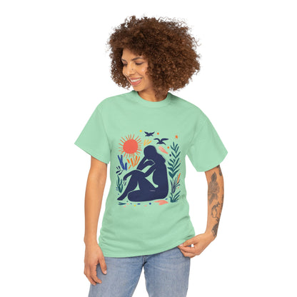 Boho Chic Unisex T-Shirt, Minimal Abstract Woman T-Shirt, Tee for Nature Lovers, Sun and Nature Print, Artistic Silhouette Tee
