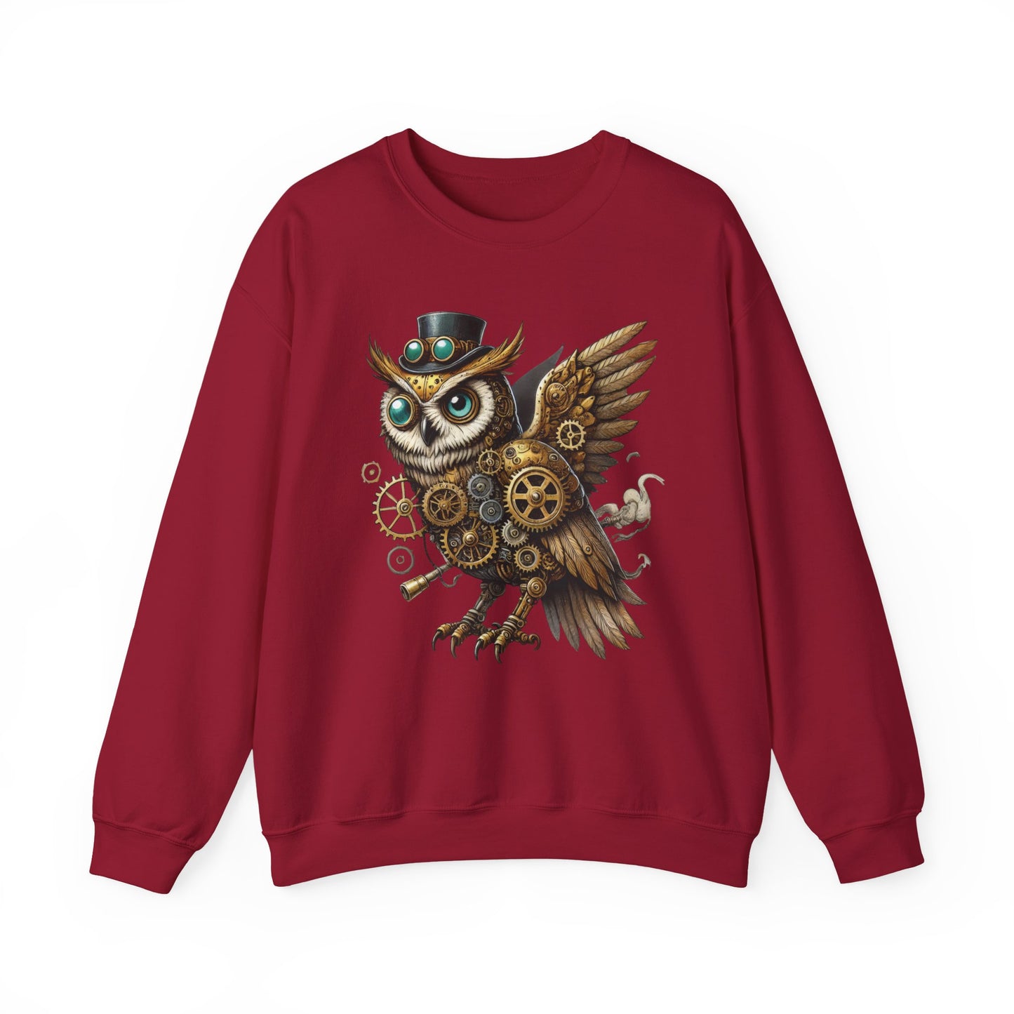 Steampunk Owl Unisex Crewneck Sweatshirt, Vintage Mechanical Gears Fantasy Bird Graphic Pullover, Gift for Owl Lovers