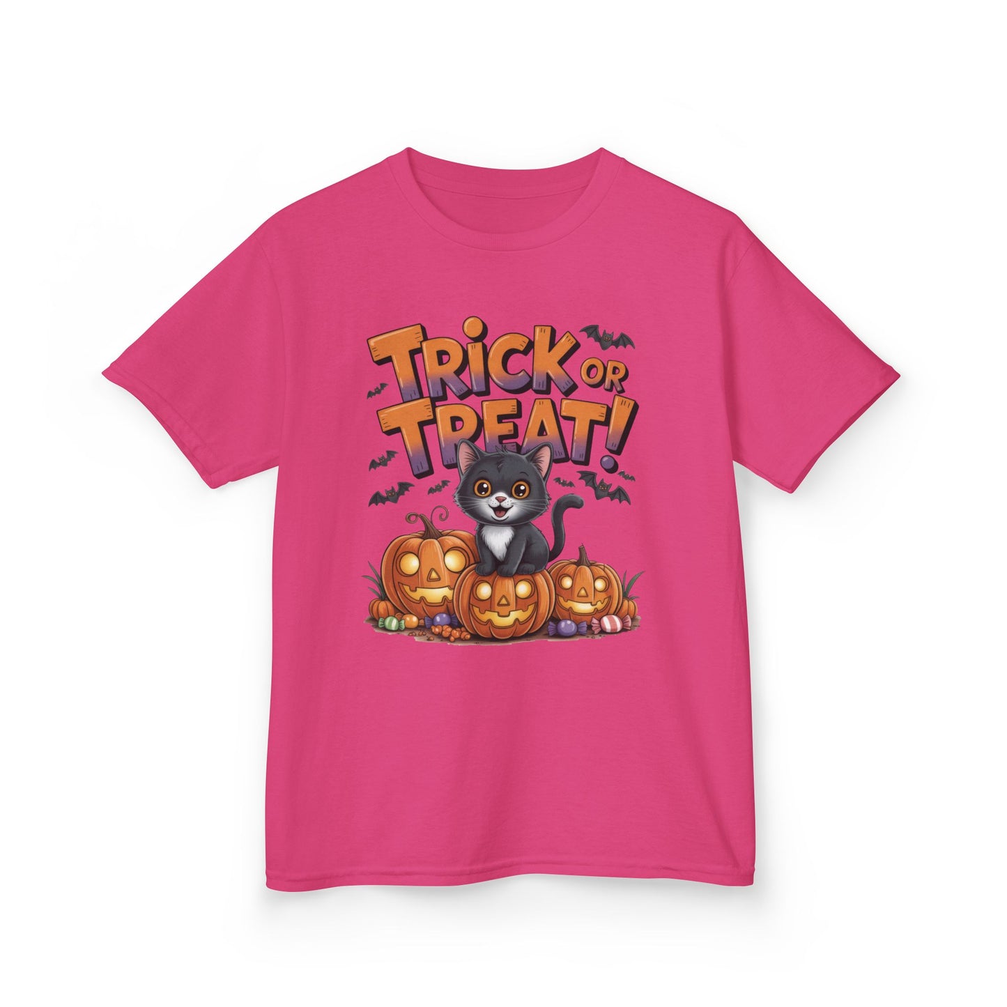 Girls Cute Black Cat Trick or Treat Halloween T-Shirt, Funny Pumpkin Cat Tee, Spooky Fall Shirt for Kids, Matching Family Halloween Shirts