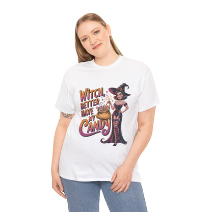 Witch Better Have My Candy Halloween T-Shirt for Women, Funny Spooky Witch Tee, Retro Pin-Up Halloween Shirt, Sassy Fall Party Top
