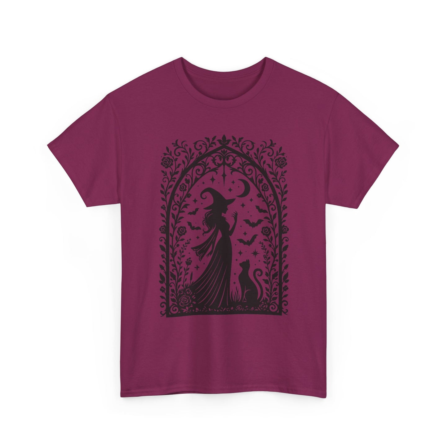 Gothic Witch & Cat Women's T-Shirt, Elegant Halloween Moon Silhouette Witchy Graphic Tee