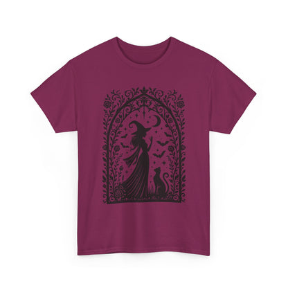 Gothic Witch & Cat Women's T-Shirt, Elegant Halloween Moon Silhouette Witchy Graphic Tee