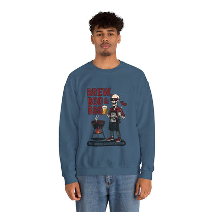 Halloween BBQ Men's Sweatshirt, Brew Boo & BBQ Skeleton Grill Master, Spooky Dad Gift, Skeleton Dad Sweat, Grill Master Crew