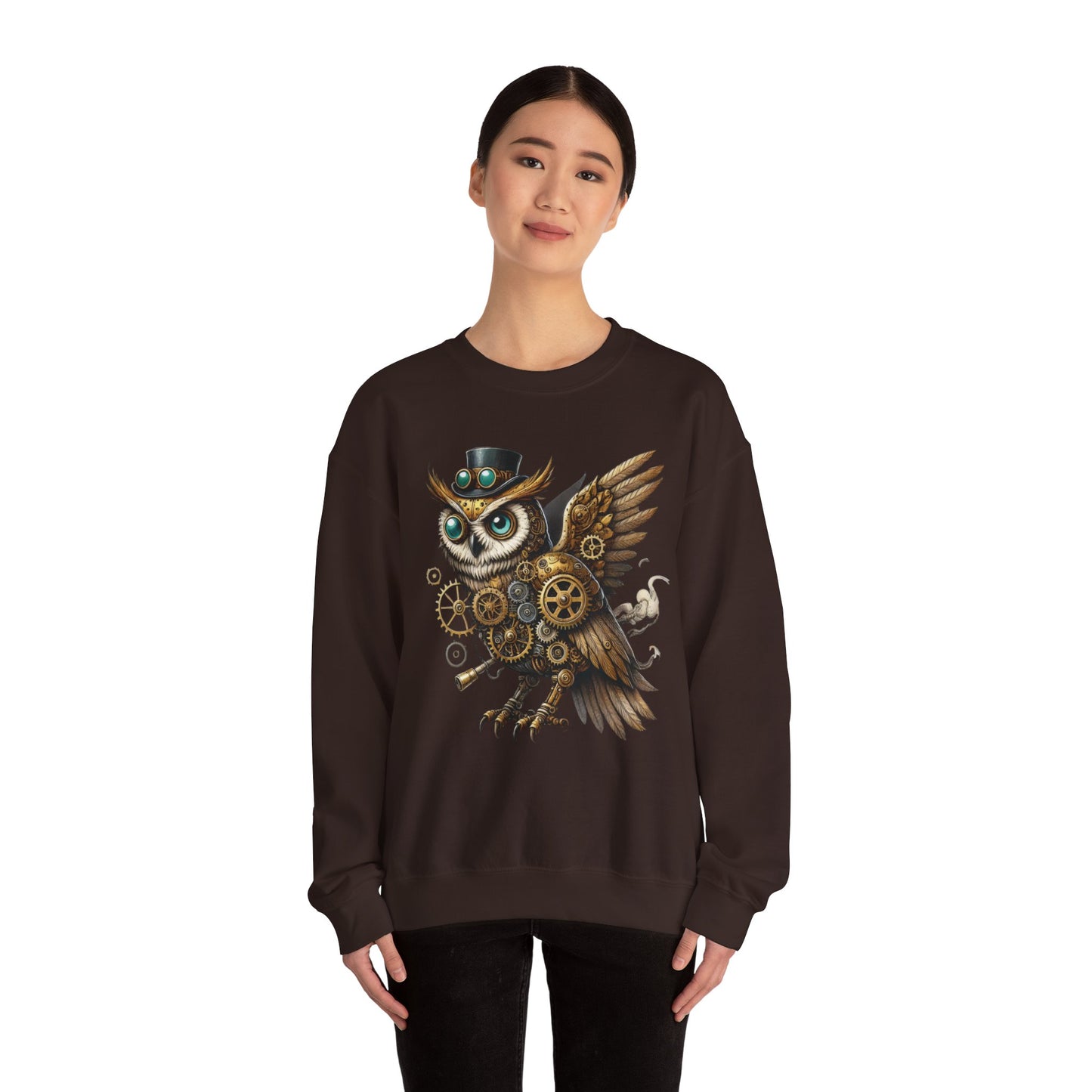 Steampunk Owl Unisex Crewneck Sweatshirt, Vintage Mechanical Gears Fantasy Bird Graphic Pullover, Gift for Owl Lovers