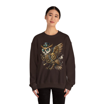 Steampunk Owl Unisex Crewneck Sweatshirt, Vintage Mechanical Gears Fantasy Bird Graphic Pullover, Gift for Owl Lovers