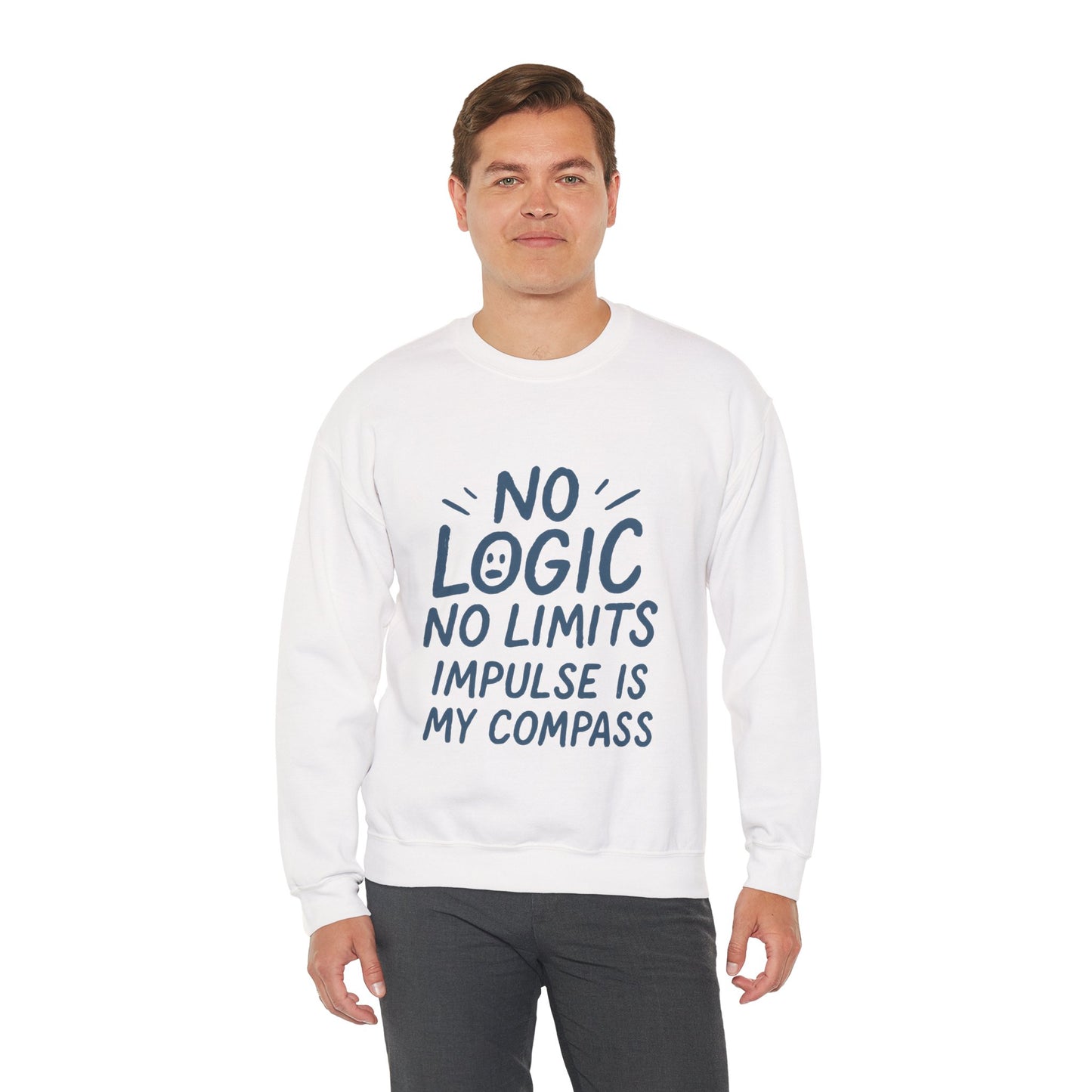 Mens  Motivational Crewneck Sweatshirt,No Logic No Limits Quote,  Casual Wear for Creatives, Cozy Relaxed Fit Pullover