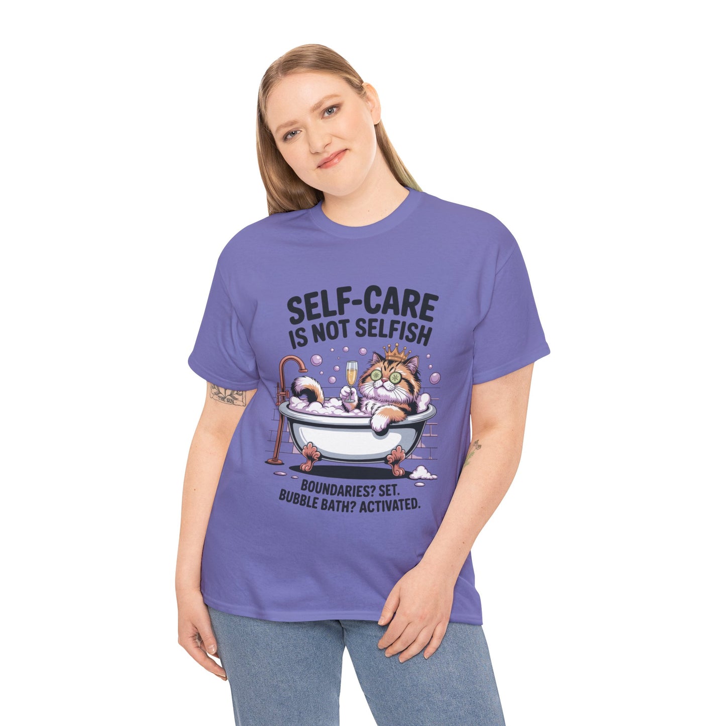 Womens Heavy Cotton Tee, Self-Care Cat Shirt, Funny Cat Bubble Bath Tee, Relaxing Kitty Graphic, Self Care Is Not Selfish Womens T-Shirt
