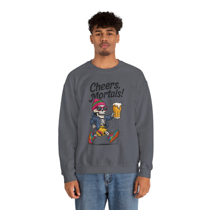 Cheers Mortals! Mens Crewneck Sweatshirt, Skeleton Beer Pullover with Hood, Drinking Humor Sweatshirt, Party Gift for Him, Halloween Apparel