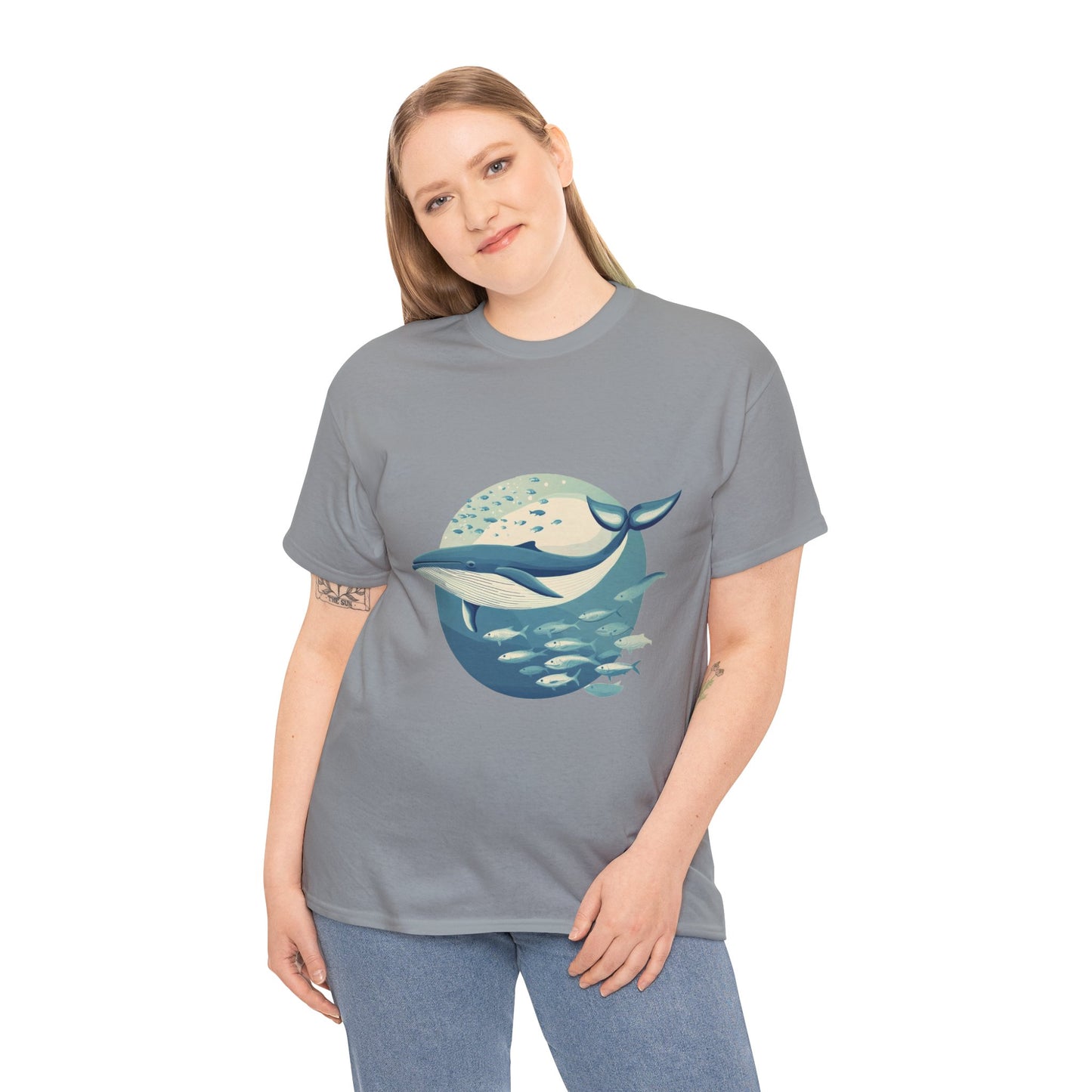 Whale and Fish Unisex Heavy Cotton Tee, Ocean Lover Shirt, Nature Tee, Sea Creature Gift, Casual Summer Top, Ocean Whale Graphic Tee